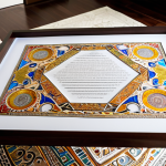 **A beautifully illuminated Ketubah, with intricate designs and calligraphy, displayed prominently in a modern living room. Focus on the artistic details and the contrast between the ancient tradition and a contemporary home.**