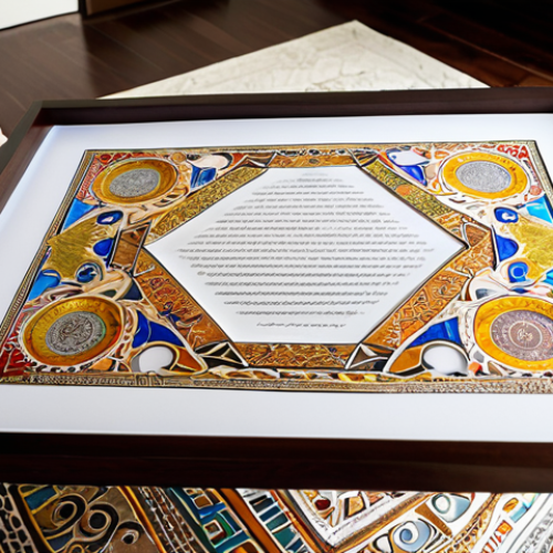 Home 16 **A beautifully illuminated Ketubah, with intricate designs and calligraphy, displayed prominently in a modern living room. Focus on the artistic details and the contrast between the ancient tradition and a contemporary home.**