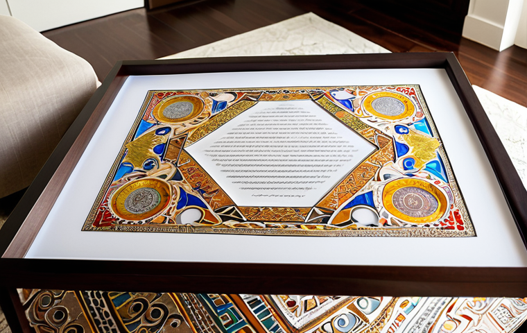 **A beautifully illuminated Ketubah, with intricate designs and calligraphy, displayed prominently in a modern living room. Focus on the artistic details and the contrast between the ancient tradition and a contemporary home.**