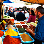 **

A vibrant, bustling open-air market scene in Jerusalem. Spices and fresh produce are displayed colorfully. In the foreground, a person with a notebook struggles to communicate in Hebrew with a friendly vendor. The air is thick with the aroma of spices and the sounds of Hebrew being spoken. Focus on capturing the immersive experience of being surrounded by the language and culture.

**
