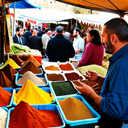 Home 15 **
A vibrant, bustling open-air market scene in Jerusalem. Spices and fresh produce are displayed colorfully. In the foreground, a person with a notebook struggles to communicate in Hebrew with a friendly vendor. The air is thick with the aroma of spices and the sounds of Hebrew being spoken. Focus on capturing the immersive experience of being surrounded by the language and culture.
**