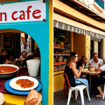 A vibrant and colorful street scene in Florentin, Tel Aviv, with a small vegan cafe overflowing with people enjoying outdoor seating. The cafe has a hand-painted sign, and the aroma of spices and fresh bread fills the air. In the foreground, a close-up shot of a vegan shakshuka being enjoyed, complete with crusty bread for dipping. Capture the bohemian vibe of the neighborhood.