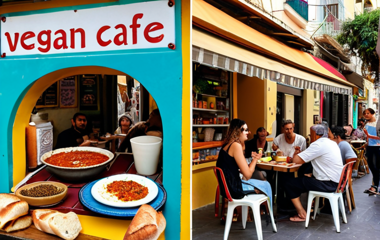 A vibrant and colorful street scene in Florentin, Tel Aviv, with a small vegan cafe overflowing with people enjoying outdoor seating. The cafe has a hand-painted sign, and the aroma of spices and fresh bread fills the air. In the foreground, a close-up shot of a vegan shakshuka being enjoyed, complete with crusty bread for dipping. Capture the bohemian vibe of the neighborhood.