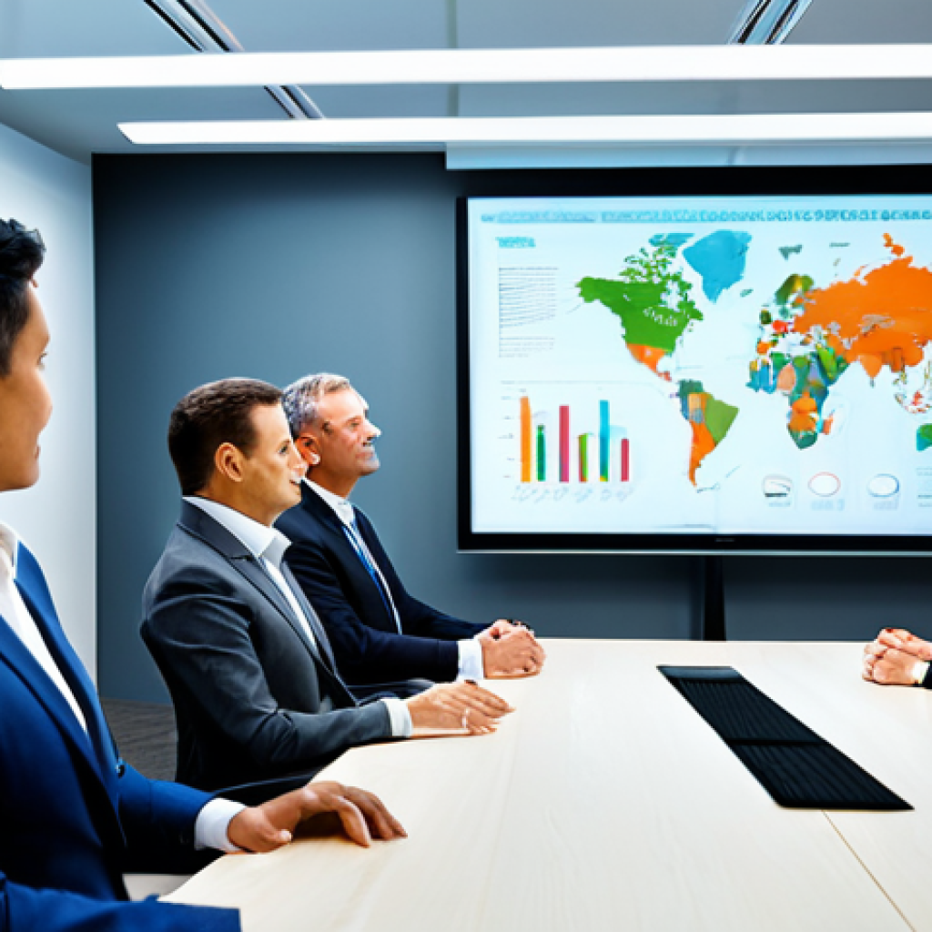 A group of professional business executives, fully clothed in modest business suits and dresses, are seated around a sleek, modern boardroom table. One executive stands at the head, presenting a clear vision on a large screen, demonstrating strong communication skills for investor relations and fundraising. The atmosphere is professional and collaborative, with natural lighting. Perfect anatomy, correct proportions, natural pose, well-formed hands, proper finger count, natural body proportions. High-quality professional photography, safe for work, appropriate content, family-friendly.