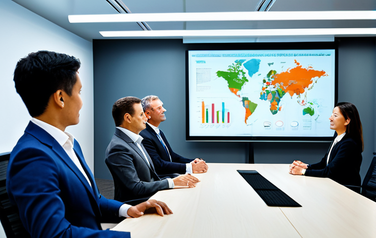 A group of professional business executives, fully clothed in modest business suits and dresses, are seated around a sleek, modern boardroom table. One executive stands at the head, presenting a clear vision on a large screen, demonstrating strong communication skills for investor relations and fundraising. The atmosphere is professional and collaborative, with natural lighting. Perfect anatomy, correct proportions, natural pose, well-formed hands, proper finger count, natural body proportions. High-quality professional photography, safe for work, appropriate content, family-friendly.