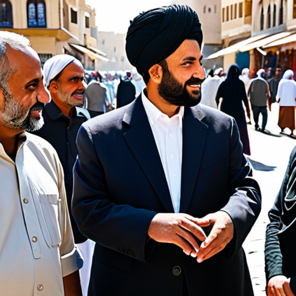 A diverse group of adults, fully clothed in modest, culturally appropriate attire, engaged in calm and respectful interactions within a sunlit, bustling Middle Eastern-inspired market square. The scene conveys a sense of community and shared daily life, with natural, unvarnished realism and an emphasis on the human element. Perfect anatomy, correct proportions, natural poses, well-formed hands, proper finger count. Professional photography, high quality, safe for work, appropriate content, fully clothed, family-friendly.