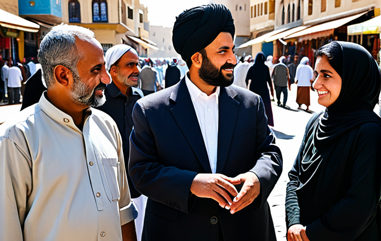 A diverse group of adults, fully clothed in modest, culturally appropriate attire, engaged in calm and respectful interactions within a sunlit, bustling Middle Eastern-inspired market square. The scene conveys a sense of community and shared daily life, with natural, unvarnished realism and an emphasis on the human element. Perfect anatomy, correct proportions, natural poses, well-formed hands, proper finger count. Professional photography, high quality, safe for work, appropriate content, fully clothed, family-friendly.