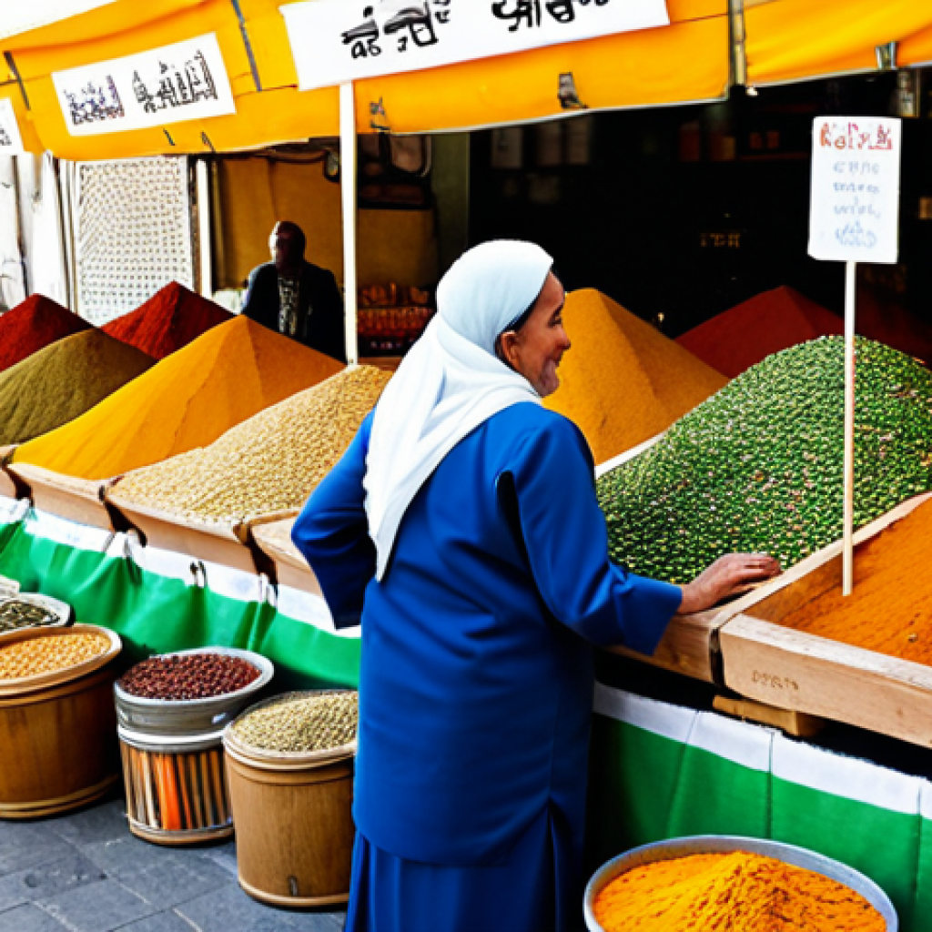 A professional market vendor, fully clothed in modest, traditional attire, stands behind an overflowing stall in a vibrant Israeli shuk. Large open barrels display colorful mounds of spices like turmeric, paprika, and cumin, alongside fresh herbs and perfectly ripe vegetables. A customer, also fully clothed in appropriate dress, is respectfully observing the produce. The scene is bathed in soft, natural daylight, capturing the rich textures and lively atmosphere. safe for work, appropriate content, fully clothed, professional dress, family-friendly, perfect anatomy, correct proportions, natural pose, well-formed hands, proper finger count, natural body proportions, professional photography, high quality.