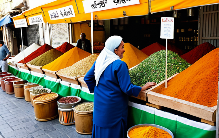 A professional market vendor, fully clothed in modest, traditional attire, stands behind an overflowing stall in a vibrant Israeli shuk. Large open barrels display colorful mounds of spices like turmeric, paprika, and cumin, alongside fresh herbs and perfectly ripe vegetables. A customer, also fully clothed in appropriate dress, is respectfully observing the produce. The scene is bathed in soft, natural daylight, capturing the rich textures and lively atmosphere. safe for work, appropriate content, fully clothed, professional dress, family-friendly, perfect anatomy, correct proportions, natural pose, well-formed hands, proper finger count, natural body proportions, professional photography, high quality.
