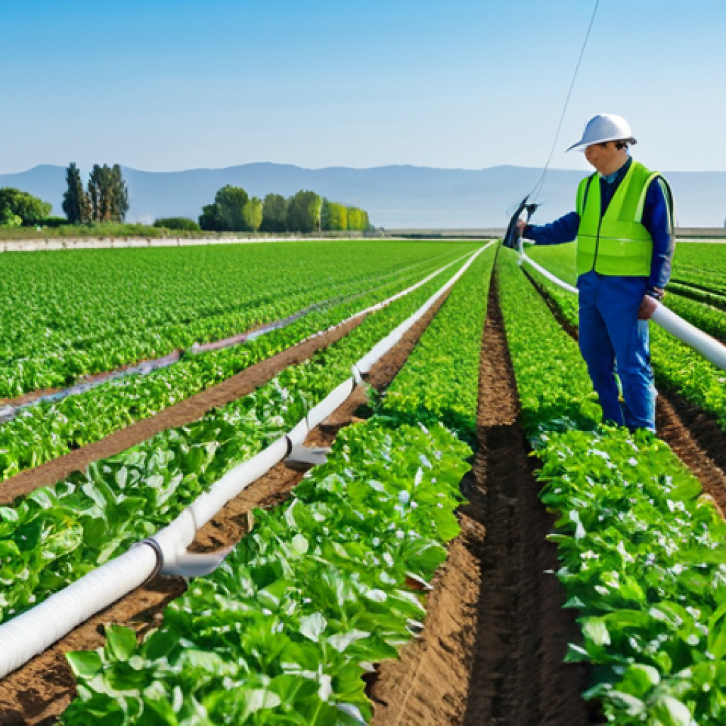 A professional agritech engineer, fully clothed in a practical work suit and safety vest, standing in a modern agricultural field. In the foreground, visible drip irrigation lines are precisely delivering water to rows of vibrant green crops. Small IoT sensors are discreetly placed near the plants. The background shows a vast, well-managed farm under a clear sky. The image emphasizes innovation in water management and data-driven farming. Safe for work, appropriate content, fully clothed, professional, perfect anatomy, correct proportions, natural pose, well-formed hands, proper finger count, natural body proportions, high-quality photograph, realistic.