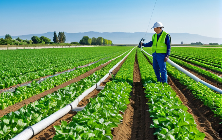 A professional agritech engineer, fully clothed in a practical work suit and safety vest, standing in a modern agricultural field. In the foreground, visible drip irrigation lines are precisely delivering water to rows of vibrant green crops. Small IoT sensors are discreetly placed near the plants. The background shows a vast, well-managed farm under a clear sky. The image emphasizes innovation in water management and data-driven farming. Safe for work, appropriate content, fully clothed, professional, perfect anatomy, correct proportions, natural pose, well-formed hands, proper finger count, natural body proportions, high-quality photograph, realistic.