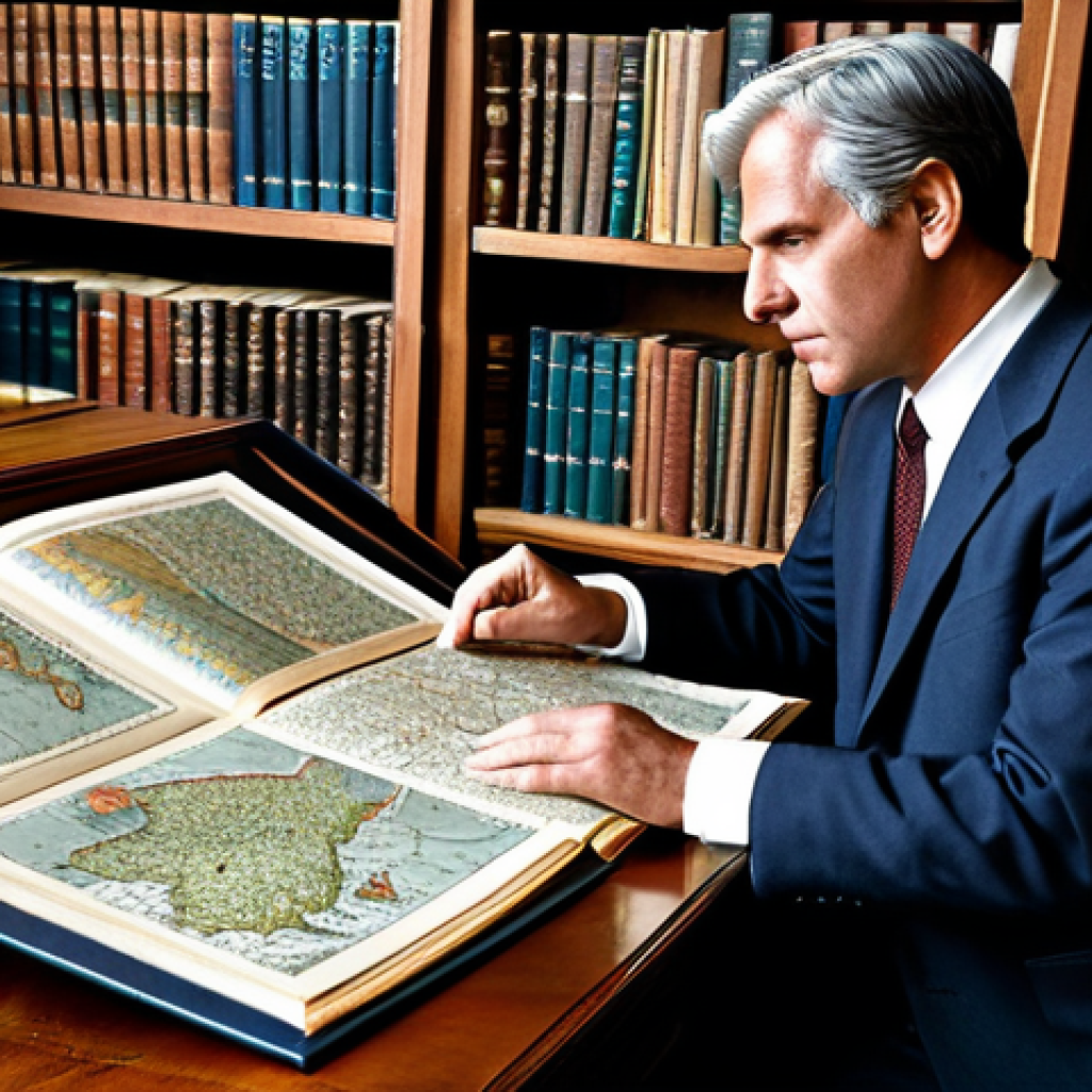 A professional historian, male, fully clothed in a modest, dark tailored suit, meticulously examining ancient maps and historical documents on a large, antique wooden desk. The room is a grand, quiet library with towering bookshelves filled with old books, bathed in warm, soft light filtering through a large window. The atmosphere is scholarly and reflective. The subject has perfect anatomy, correct proportions, well-formed hands, and a natural pose. This image is safe for work, appropriate content, fully clothed, and professional. High-resolution, professional photography, natural lighting.