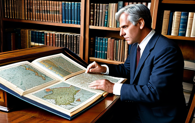 A professional historian, male, fully clothed in a modest, dark tailored suit, meticulously examining ancient maps and historical documents on a large, antique wooden desk. The room is a grand, quiet library with towering bookshelves filled with old books, bathed in warm, soft light filtering through a large window. The atmosphere is scholarly and reflective. The subject has perfect anatomy, correct proportions, well-formed hands, and a natural pose. This image is safe for work, appropriate content, fully clothed, and professional. High-resolution, professional photography, natural lighting.