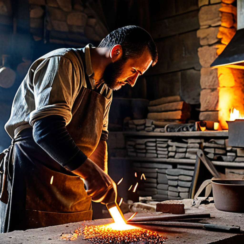 A male artisan in ancient Israel, fully clothed in modest, traditional work attire and a simple leather apron, is diligently working at a rustic, glowing forge. He is positioned in a natural pose, focused on hammering a piece of metal on an anvil, with subtle sparks rising. The background reveals the dimly lit, earthy interior of a workshop with rudimentary tools and raw metal ingots. This image captures a sense of skill and dedication. It features perfect anatomy, correct proportions, well-formed hands, and proper finger count. Safe for work, appropriate content, fully clothed, professional, family-friendly.