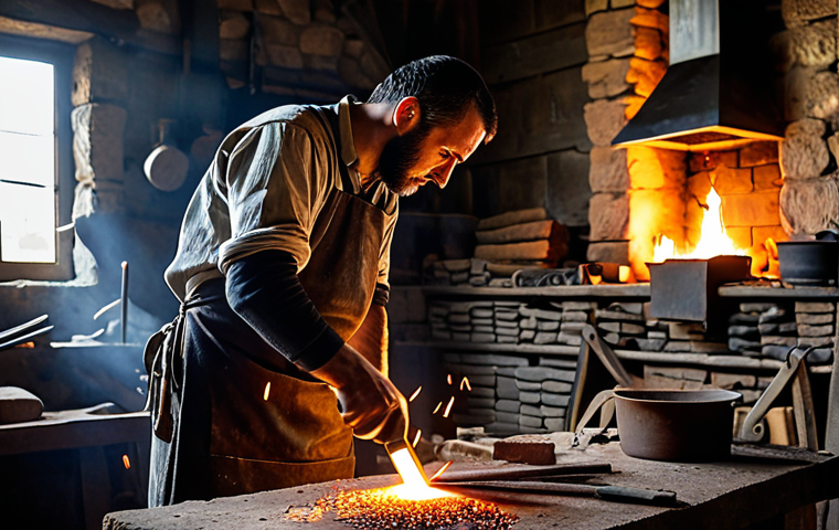 A male artisan in ancient Israel, fully clothed in modest, traditional work attire and a simple leather apron, is diligently working at a rustic, glowing forge. He is positioned in a natural pose, focused on hammering a piece of metal on an anvil, with subtle sparks rising. The background reveals the dimly lit, earthy interior of a workshop with rudimentary tools and raw metal ingots. This image captures a sense of skill and dedication. It features perfect anatomy, correct proportions, well-formed hands, and proper finger count. Safe for work, appropriate content, fully clothed, professional, family-friendly.