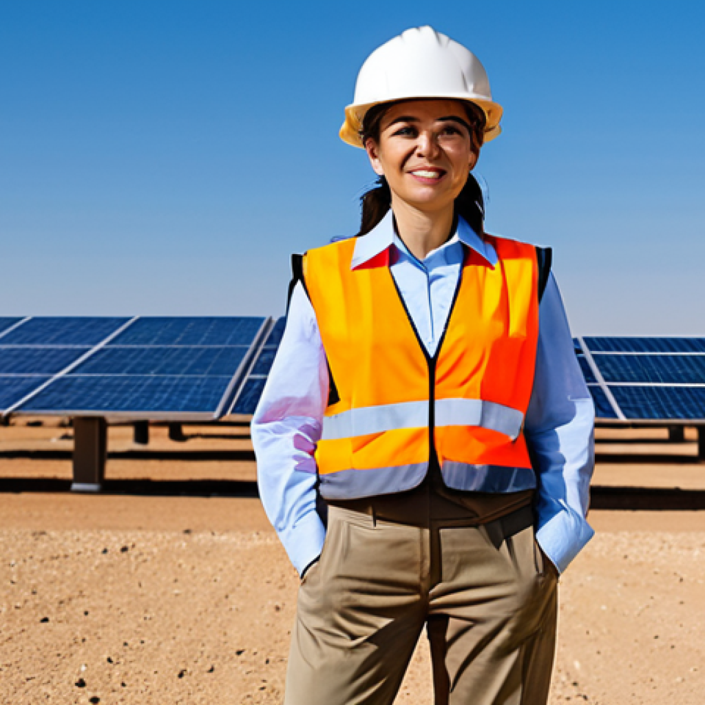A professional female engineer, fully clothed in a modest work uniform including a collared shirt and khaki pants, with a safety vest, stands confidently amidst a vast solar energy field in the Negev Desert. Large, modern solar panels stretch into the distance under a bright, clear blue sky, emphasizing innovation and sustainable technology in an arid landscape. The image features perfect anatomy, correct proportions, a natural pose, well-formed hands, proper finger count, and natural body proportions. This is safe for work, appropriate content, fully clothed, and professional.