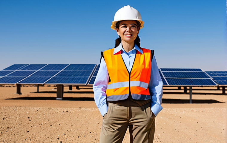 A professional female engineer, fully clothed in a modest work uniform including a collared shirt and khaki pants, with a safety vest, stands confidently amidst a vast solar energy field in the Negev Desert. Large, modern solar panels stretch into the distance under a bright, clear blue sky, emphasizing innovation and sustainable technology in an arid landscape. The image features perfect anatomy, correct proportions, a natural pose, well-formed hands, proper finger count, and natural body proportions. This is safe for work, appropriate content, fully clothed, and professional.
