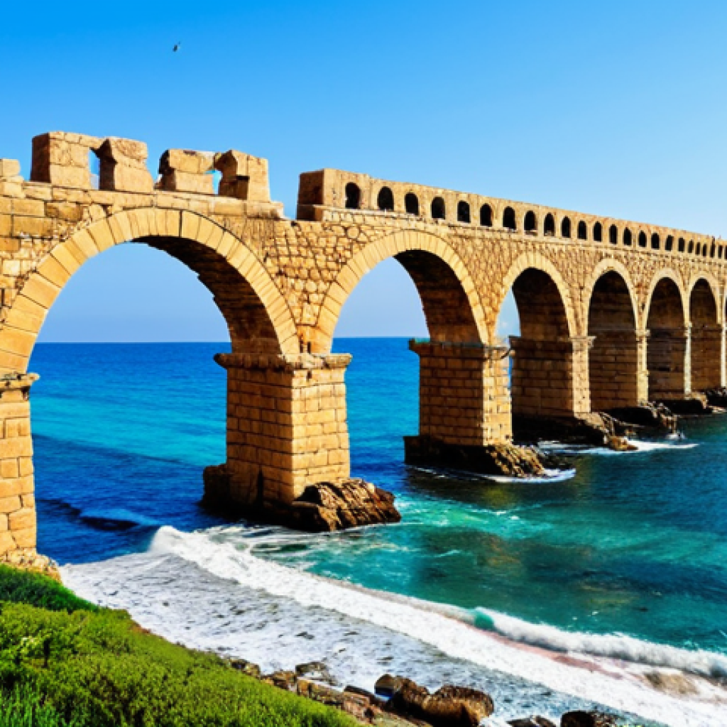 Caesarea Maritima - Roman Aqueduct**

"A panoramic view of the Roman aqueduct at Caesarea Maritima, stretching along the Mediterranean coastline, fully clothed tourists admiring the ancient structure, clear blue sky, gentle waves, appropriate attire, safe for work, perfect anatomy, natural proportions, professional photography, high quality, modest."

**