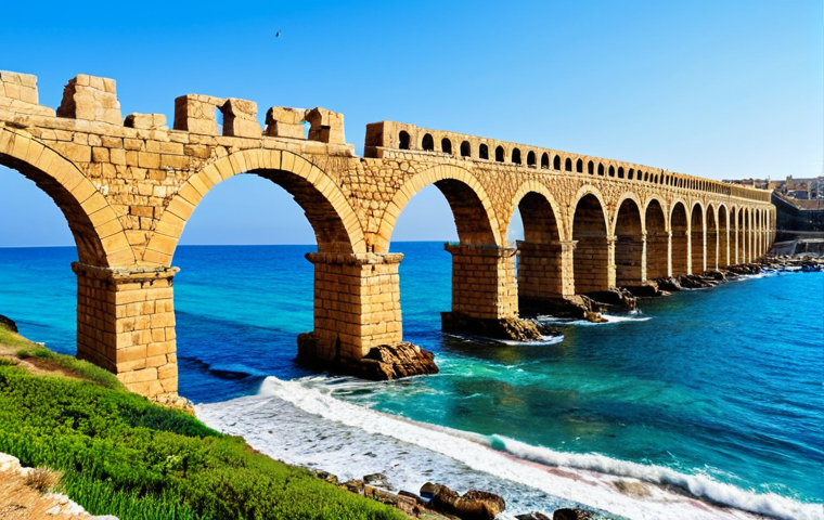 Caesarea Maritima - Roman Aqueduct**

"A panoramic view of the Roman aqueduct at Caesarea Maritima, stretching along the Mediterranean coastline, fully clothed tourists admiring the ancient structure, clear blue sky, gentle waves, appropriate attire, safe for work, perfect anatomy, natural proportions, professional photography, high quality, modest."

**