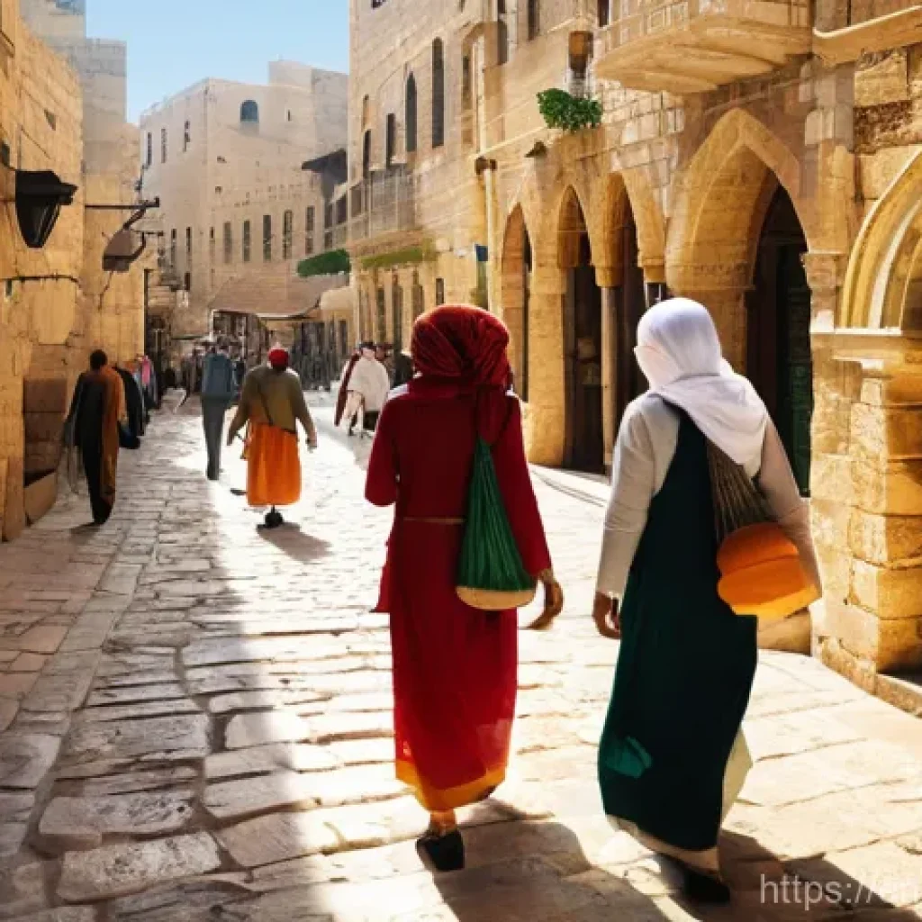 이스라엘 주요 워킹 투어 프로그램 - **Prompt:** A vibrant and bustling scene within the ancient Old City of Jerusalem. Focus on a windin...