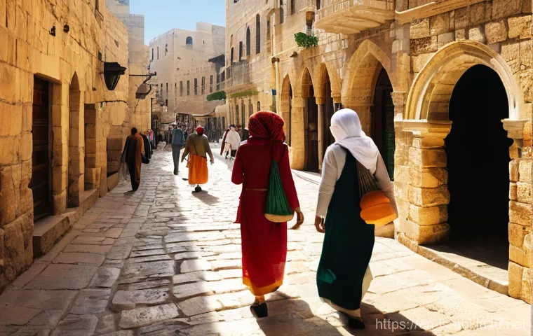 이스라엘 주요 워킹 투어 프로그램 - **Prompt:** A vibrant and bustling scene within the ancient Old City of Jerusalem. Focus on a windin...