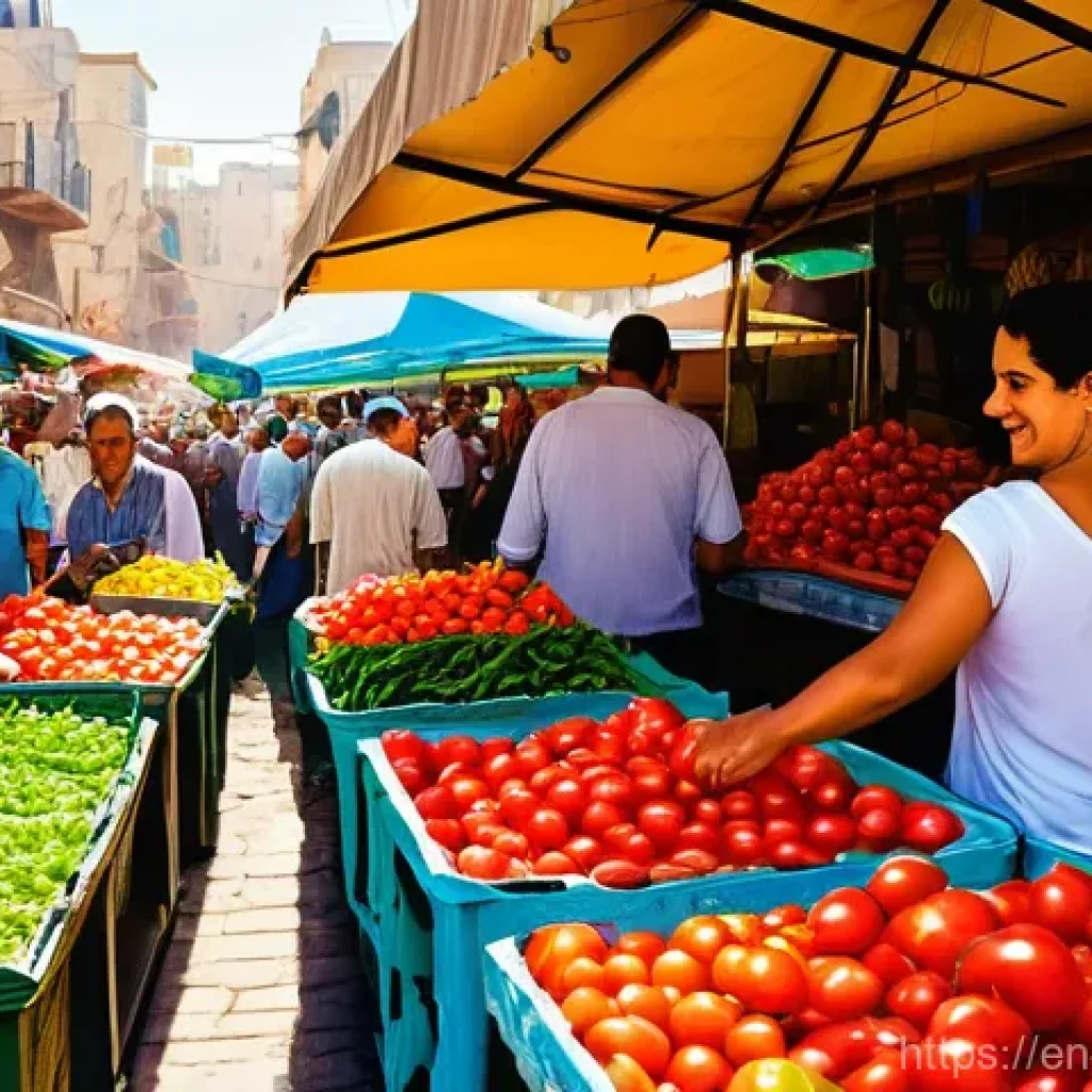 이스라엘 요리 교실 - A vibrant and bustling Israeli *shuk* (market) scene. The image should be filled with stalls overflo...