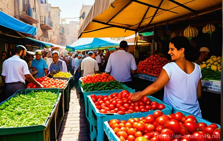 이스라엘 요리 교실 - A vibrant and bustling Israeli *shuk* (market) scene. The image should be filled with stalls overflo...
