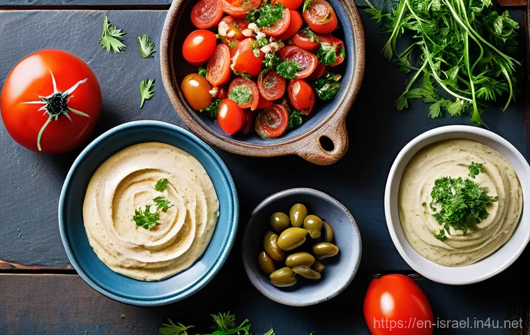 이스라엘 요리 교실 - A vibrant and bustling Israeli *shuk* (market) scene. The image should be filled with stalls overflo...