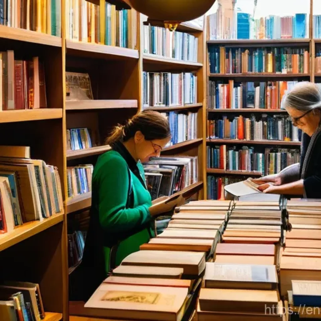 이스라엘의 도서 시장 - A bustling, sun-drenched independent bookstore on a vibrant Israeli city street. The shelves are pac...