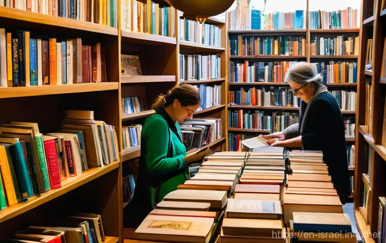 이스라엘의 도서 시장 - A bustling, sun-drenched independent bookstore on a vibrant Israeli city street. The shelves are pac...