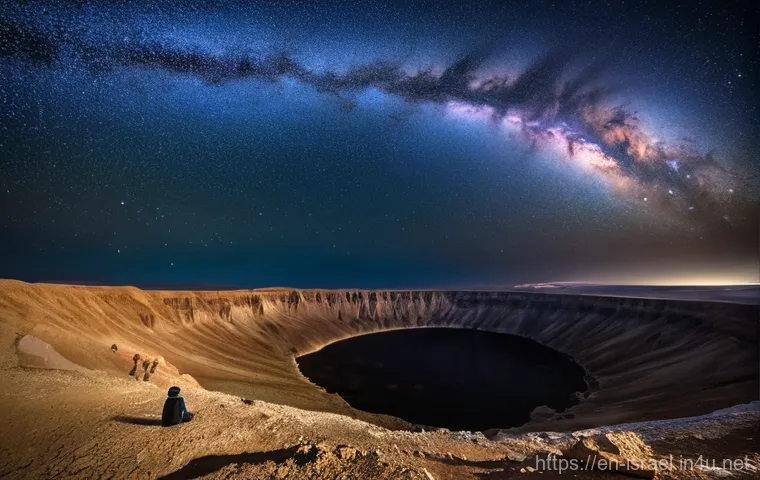 이스라엘의 사막에서 별 보기 - **Prompt 1: "A lone figure stands at the edge of the Ramon Crater in Mitzpe Ramon under a breathtaki...