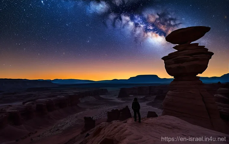 이스라엘의 사막에서 별 보기 - **Prompt 1: "A lone figure stands at the edge of the Ramon Crater in Mitzpe Ramon under a breathtaki...
