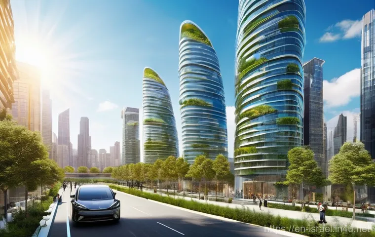 이스라엘의 에너지 기술 수출 - **Flexible Solar Cityscape:** A vibrant, futuristic urban landscape where every surface is a canvas ...