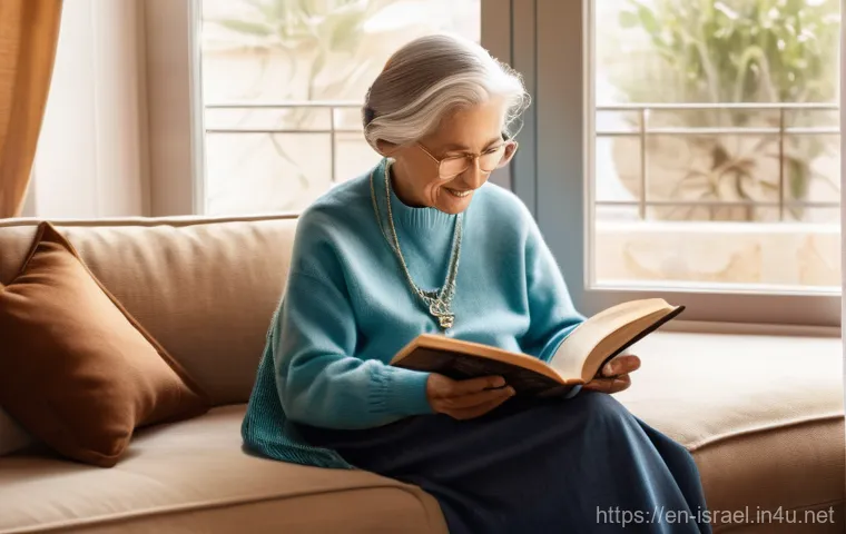 이스라엘의 유대인 디아스포라와 연결 - **Prompt:** A warm, intimate scene depicting an elderly Jewish woman, with kind eyes and a gentle sm...