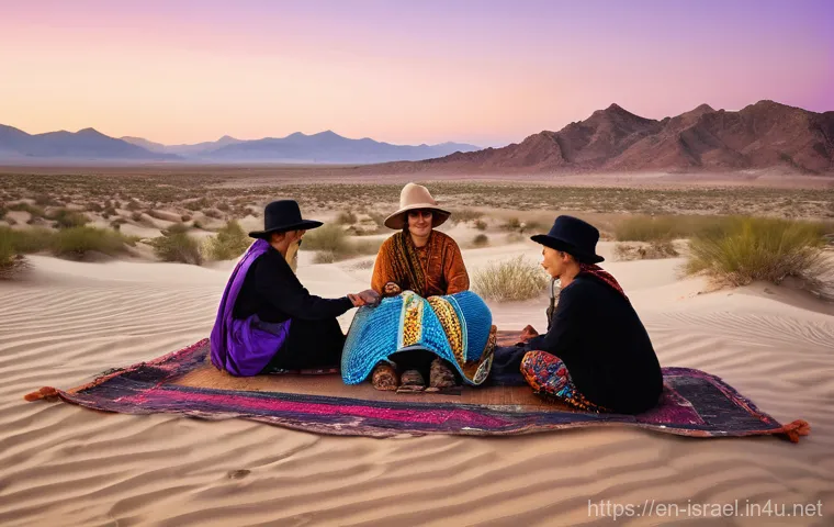 이스라엘의 사막에서 열리는 축제 - **Prompt:** "A vibrant, diverse group of festival attendees, aged 20s to 50s, wearing eclectic, bohe...