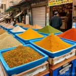 이스라엘의 전통 시장과 레스토랑 탐방 - **A Vibrant Symphony of Senses at Mahane Yehuda Market:** A wide-angle, highly detailed, photorealis...