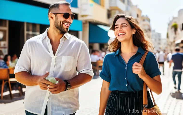 이스라엘에서 가장 많이 쓰이는 표현 - **Vibrant Tel Aviv Street – Casual Greeting:** A dynamic, sun-drenched street scene in Tel Aviv. Two...