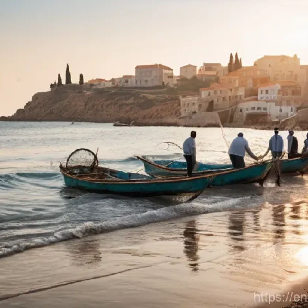 이스라엘의 주요 수산 자원 - **Prompt:** A serene and picturesque scene along the Mediterranean coast of Israel at golden hour. A...