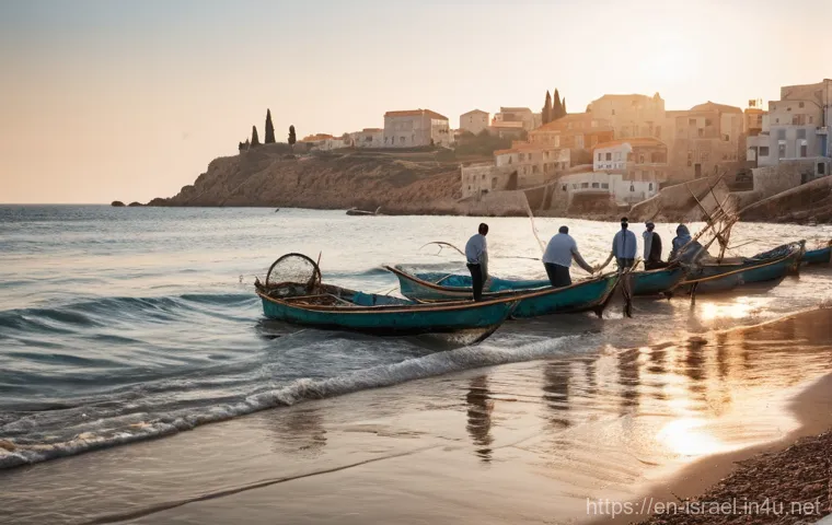 이스라엘의 주요 수산 자원 - **Prompt:** A serene and picturesque scene along the Mediterranean coast of Israel at golden hour. A...