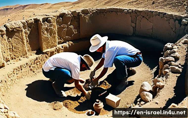 이스라엘 고고학의 세계적 중요성 - A detailed archaeological excavation scene in Israel showing a team of archaeologists uncovering anc...