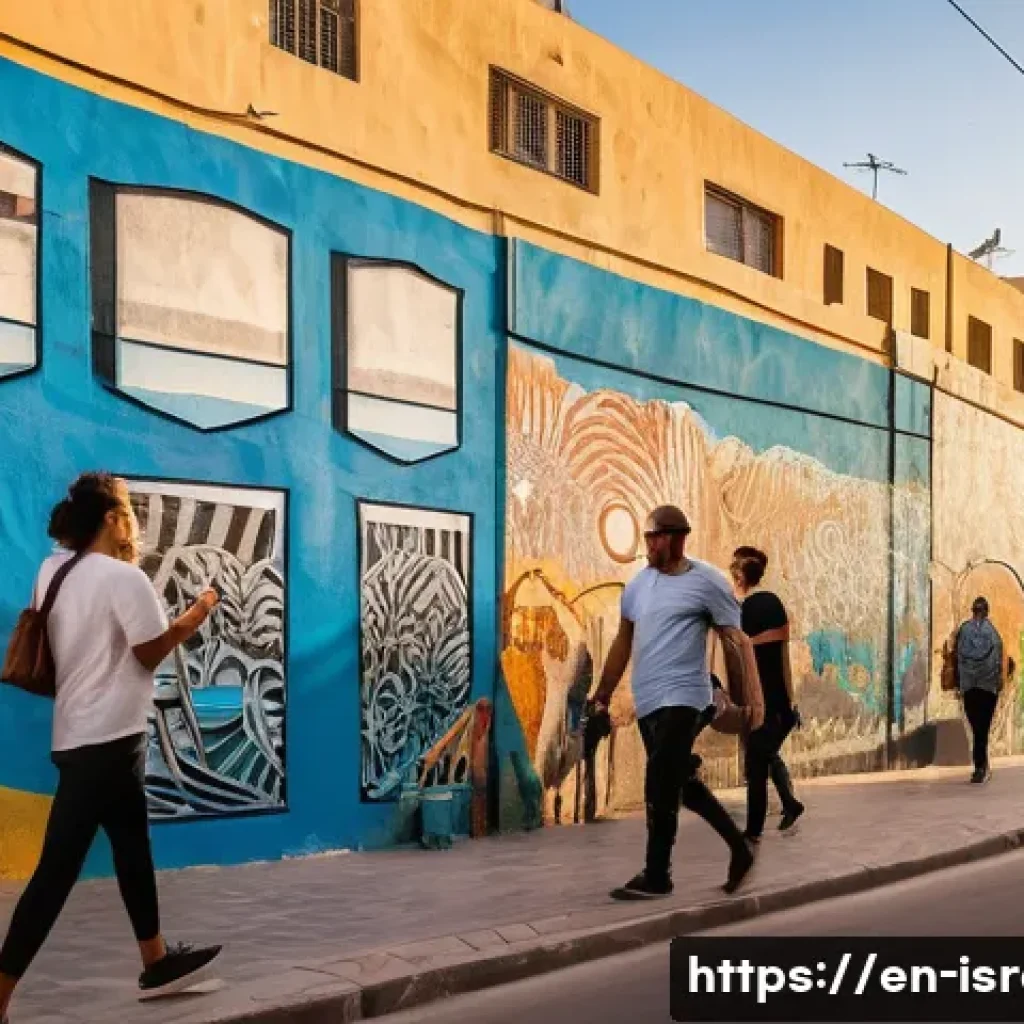 이스라엘에서 열리는 주요 문화 예술 행사 - A vibrant urban street scene in Tel Aviv's Florentin neighborhood at golden hour, featuring large co...