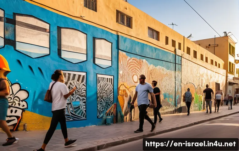 이스라엘에서 열리는 주요 문화 예술 행사 - A vibrant urban street scene in Tel Aviv's Florentin neighborhood at golden hour, featuring large co...