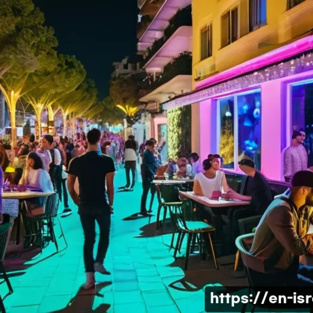 이스라엘의 주요 도시 특징 비교 - A vibrant night scene of Tel Aviv&rsquo;s Rothschild Boulevard, featuring diverse groups of young adults s...