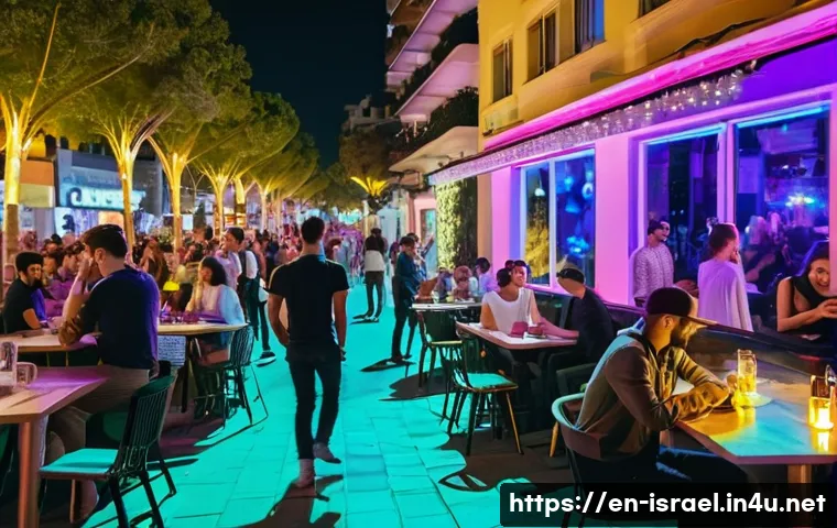 이스라엘의 주요 도시 특징 비교 - A vibrant night scene of Tel Aviv&rsquo;s Rothschild Boulevard, featuring diverse groups of young adults s...