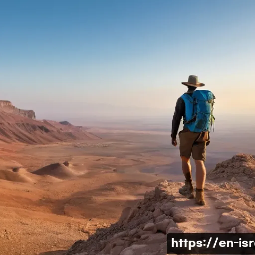 이스라엘의 사막 지형과 여행 방법 - A scenic sunrise over the Ramon Crater in the Negev Desert, featuring a hiker wearing lightweight, b...