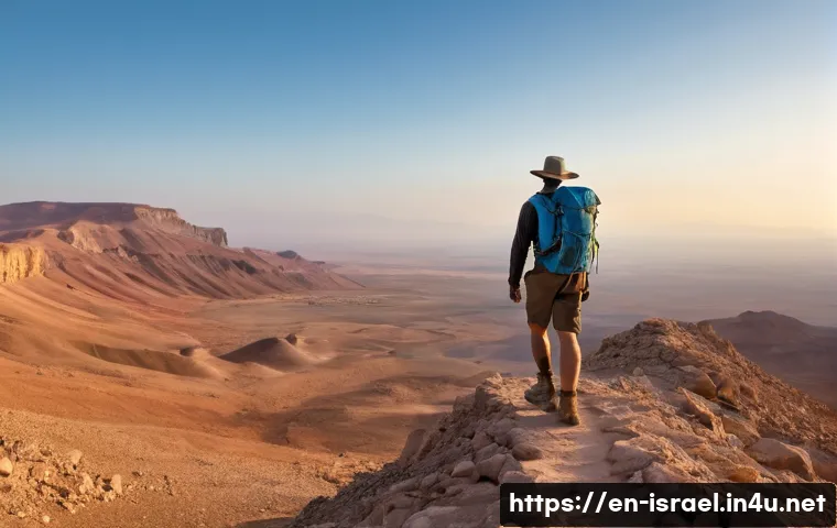 이스라엘의 사막 지형과 여행 방법 - A scenic sunrise over the Ramon Crater in the Negev Desert, featuring a hiker wearing lightweight, b...