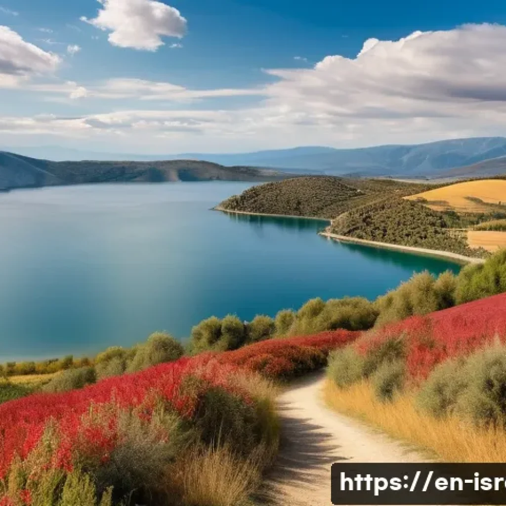 갈릴리 호수 지역 여행 - A serene hiking trail along the northern shore of a large lake during early autumn, featuring gently...