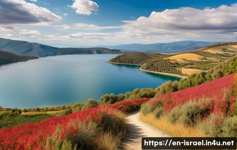 갈릴리 호수 지역 여행 - A serene hiking trail along the northern shore of a large lake during early autumn, featuring gently...
