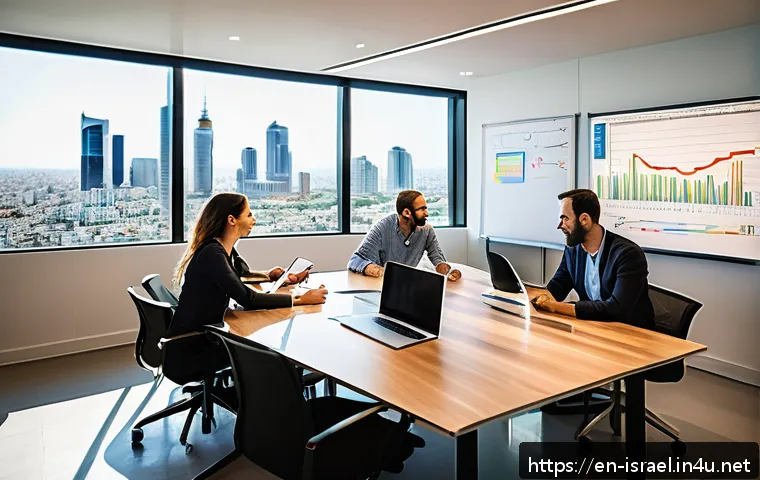 이스라엘의 스타트업 투자 방법 - A dynamic startup office scene in Tel Aviv featuring diverse Israeli entrepreneurs and venture capit...