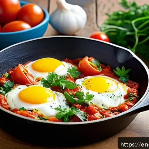 이스라엘의 주요 요리법과 조리 도구 - A vibrant, rustic Israeli kitchen scene showcasing a cast-iron skillet simmering shakshuka: rich, sl...